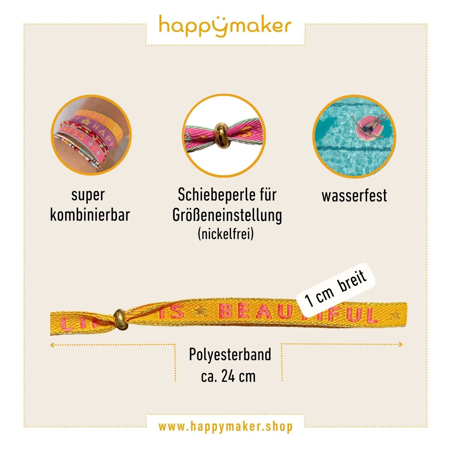 happymaker - Boho Stoffarmbänder im Set mit Glasperlenarmbänder