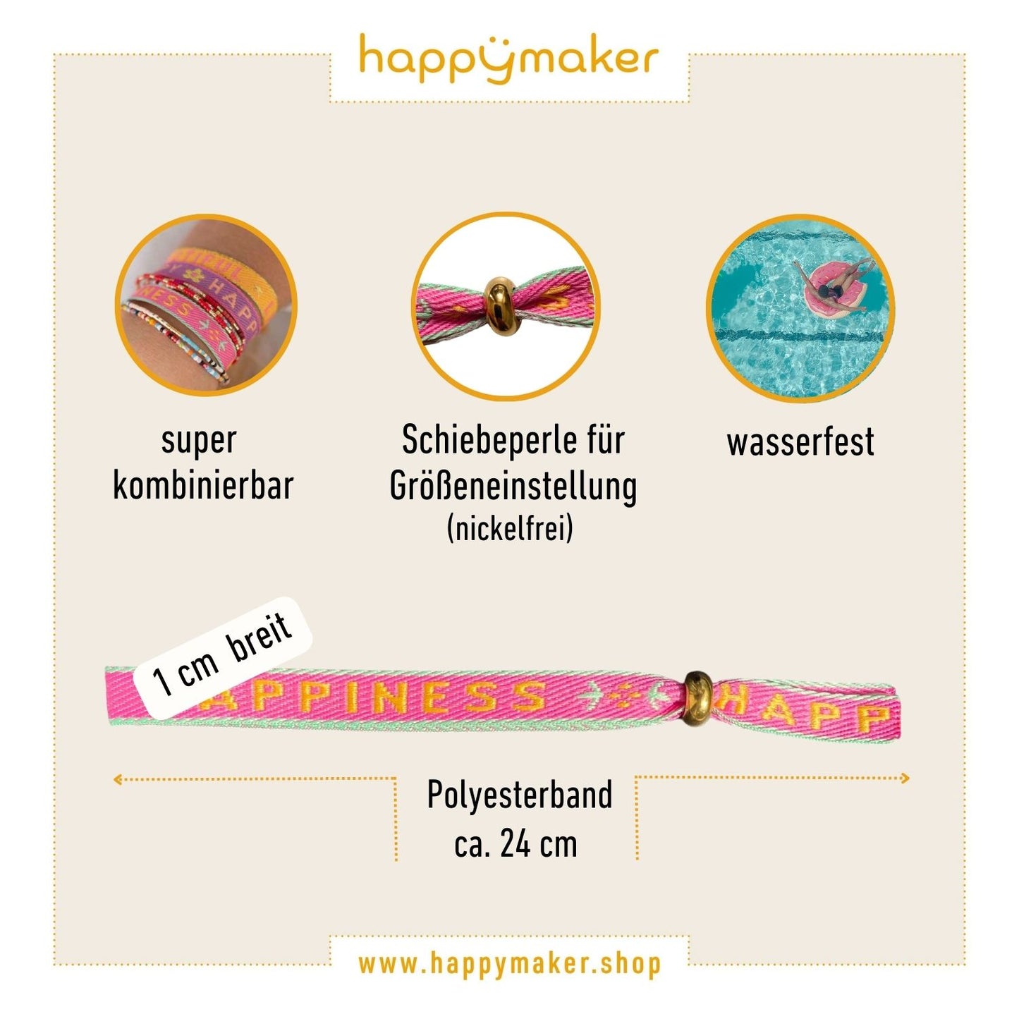 happymaker Stoffarmband mit Statement - Happiness