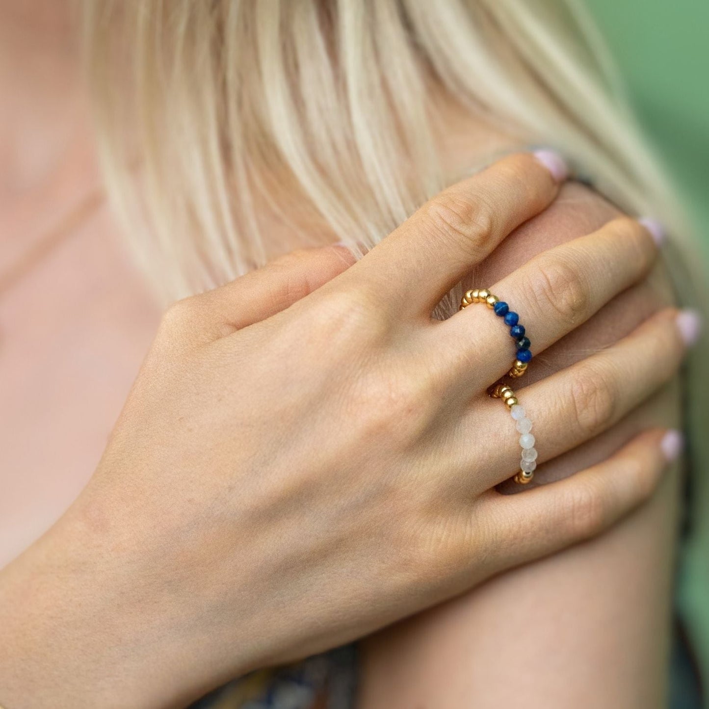 Ringe vergoldet 2er Set - Sterling Silber 925 mit Mondstein & Lapislazuli