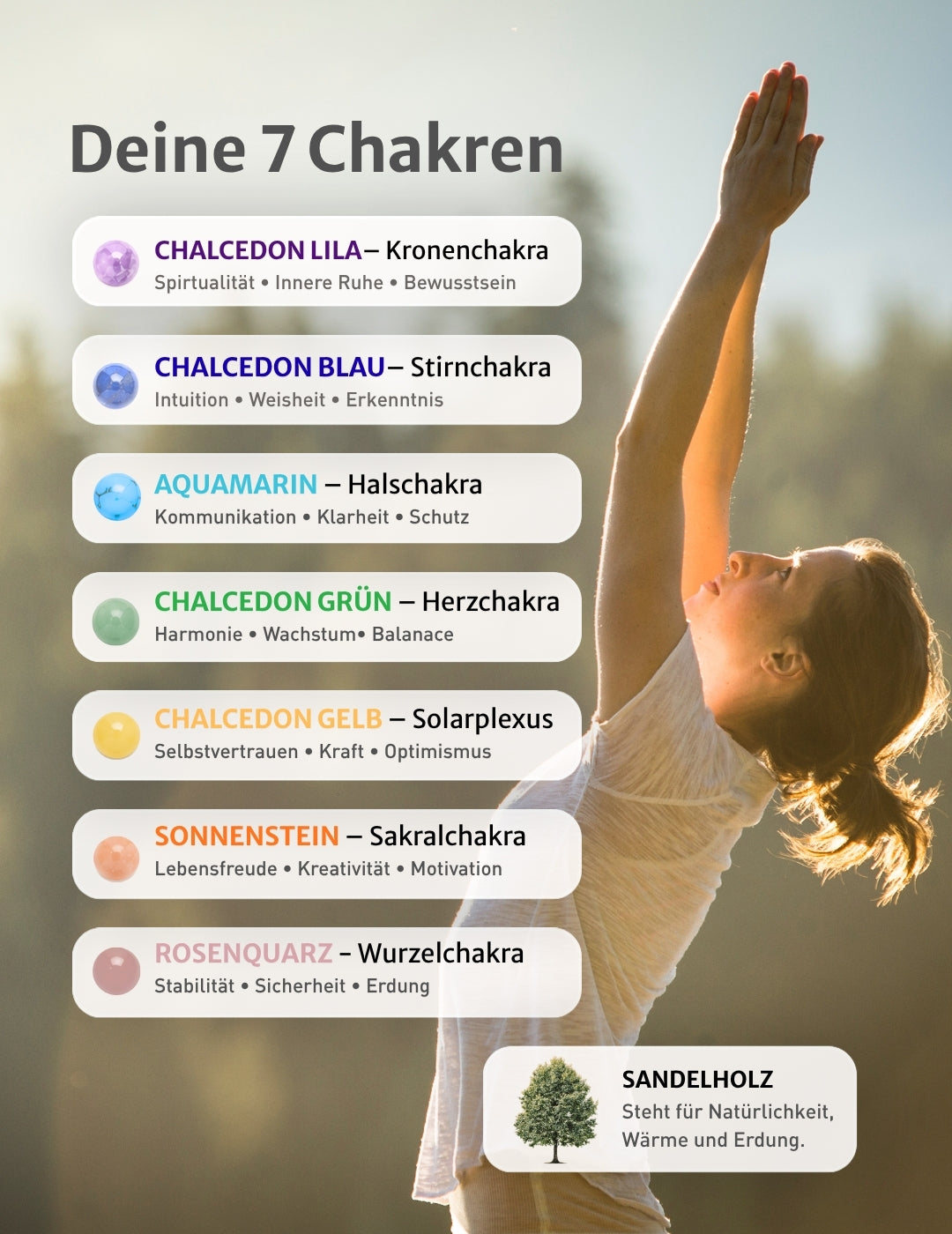 Chakra Armband mit hellen Sandelholzperlen
