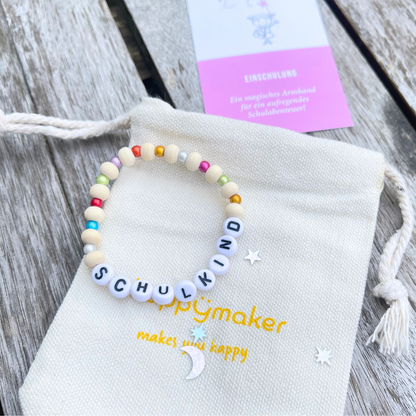 Schulkind Armband mit Miracle Perlen, Holzperlen und Buchstaben