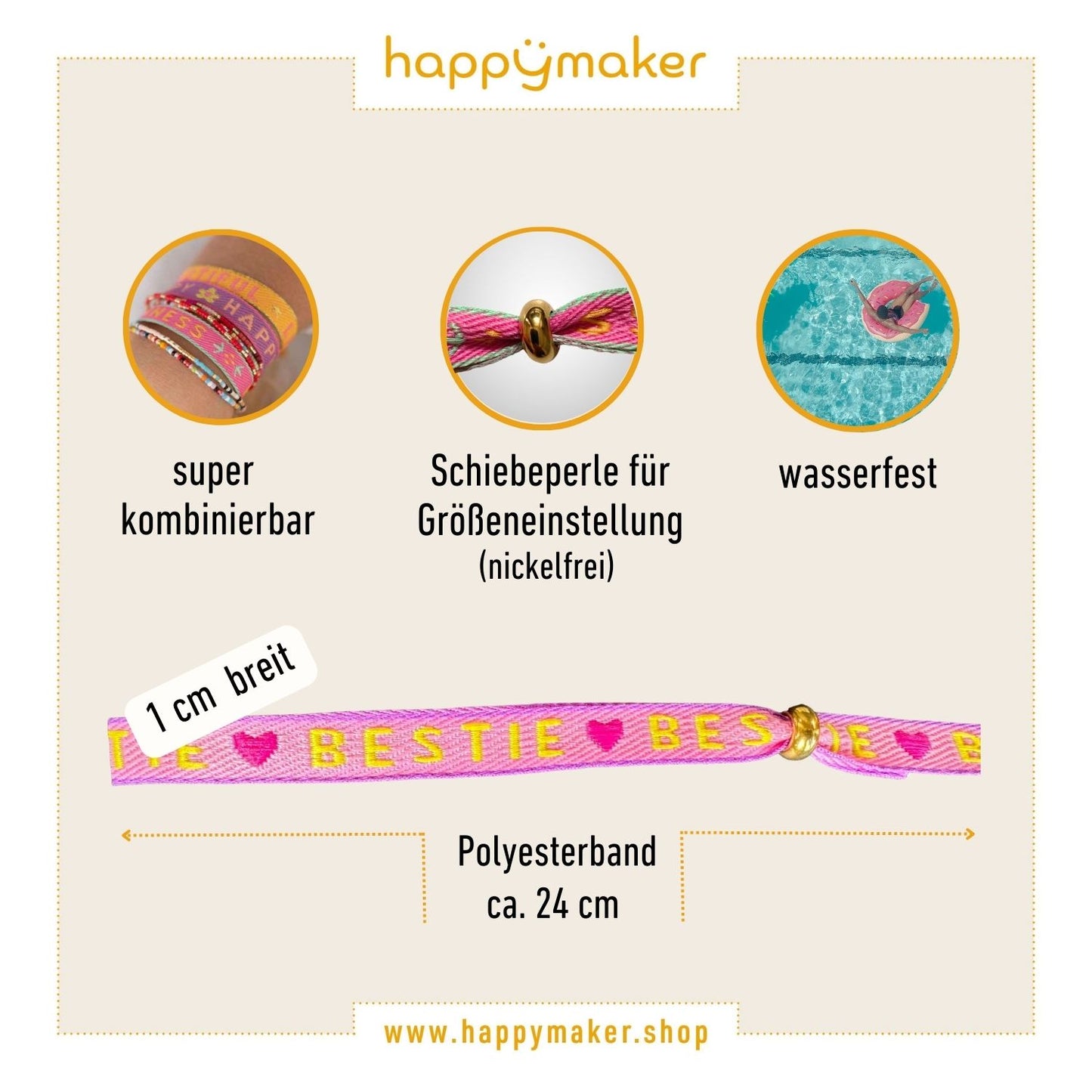 happymaker Stoffarmband 2er Set Freundschaftsarmbänder mit Statement - BESTIE