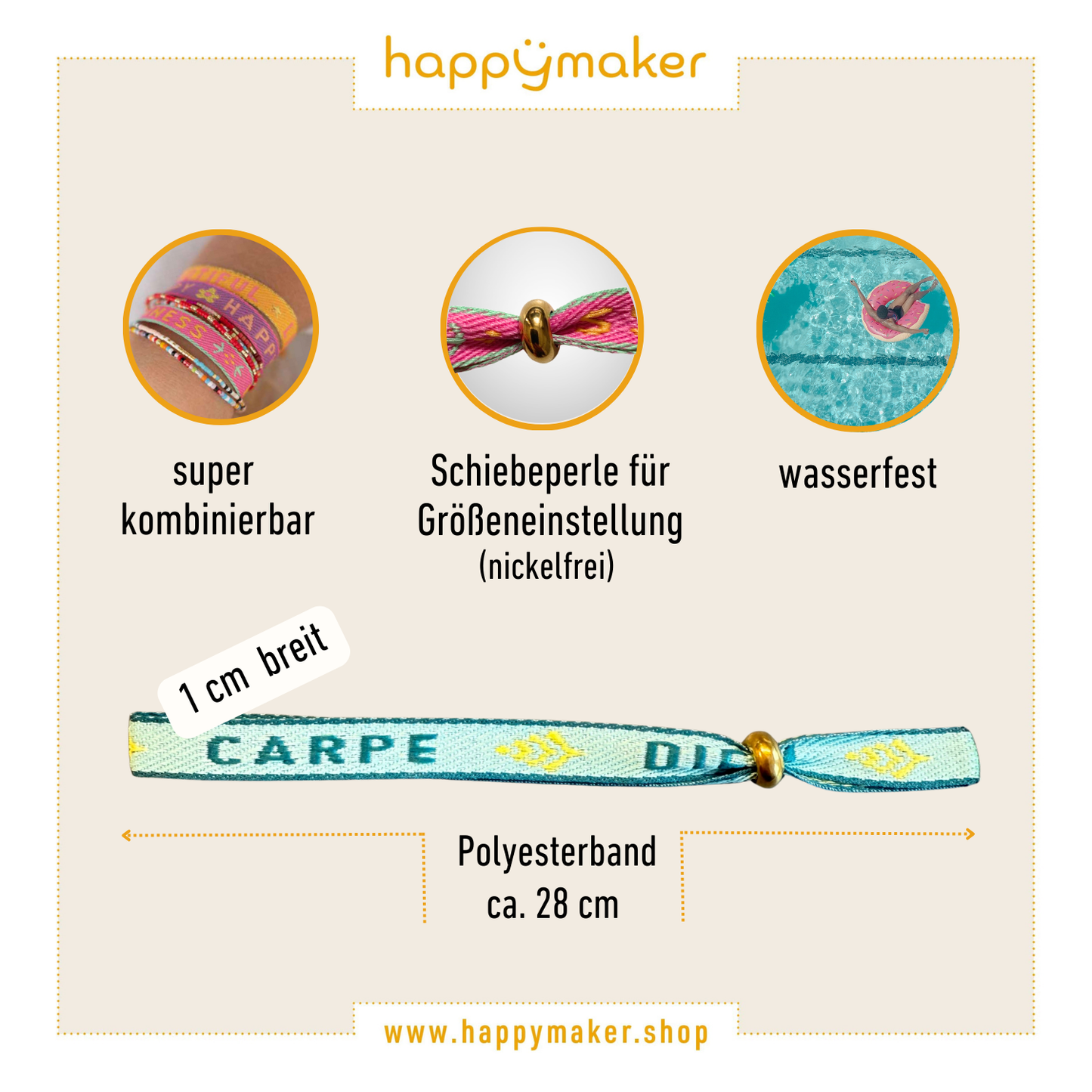 Statement Armband Carpe Diem aus wasserfestem Polyesterband mit verstellbarer Schiebeperle, 1 cm breit, 28 cm lang, in Wunschfarbe.