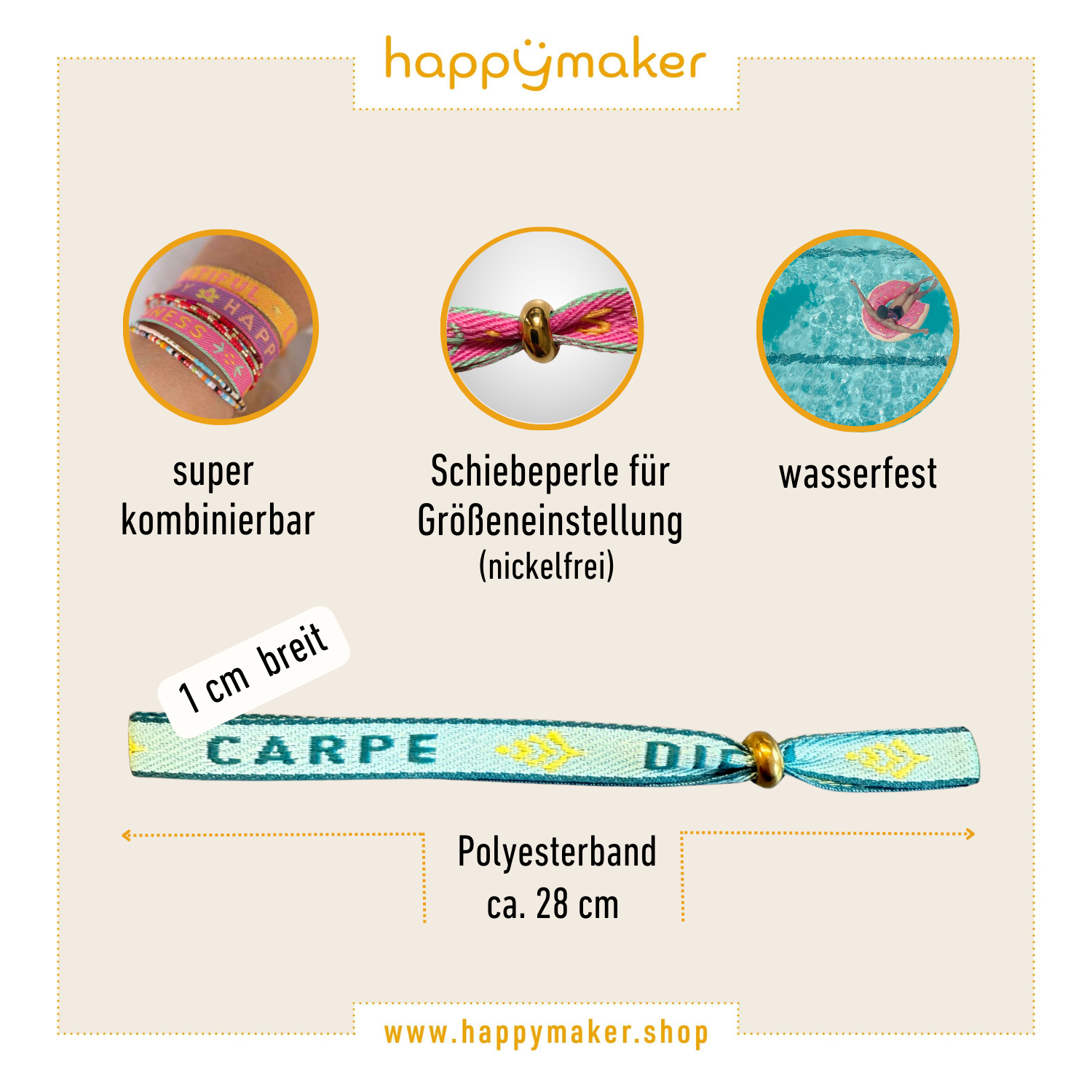 Statement Armband Carpe Diem aus wasserfestem Polyesterband mit verstellbarer Schiebeperle, 1 cm breit, 28 cm lang, in Wunschfarbe.