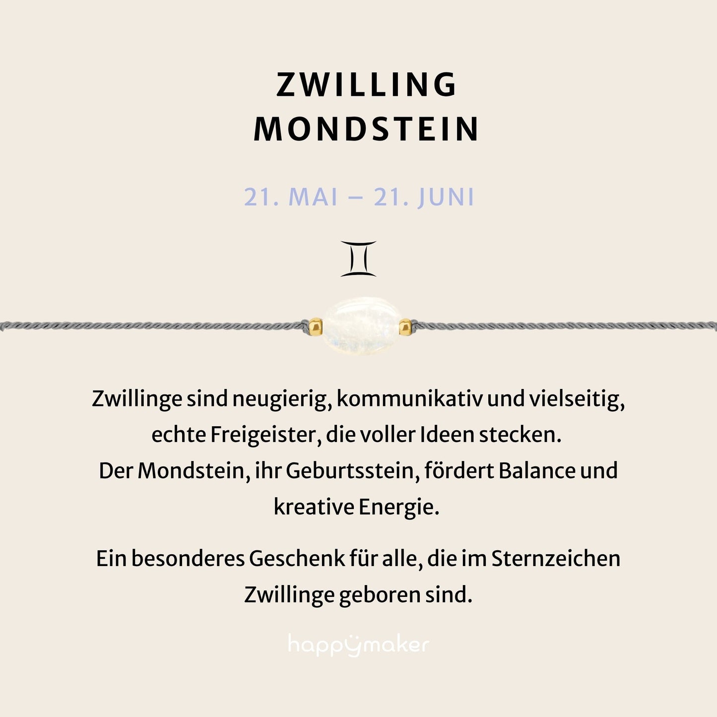 Geburtsstein Armband Juni Zwilling mit echtem Mondstein