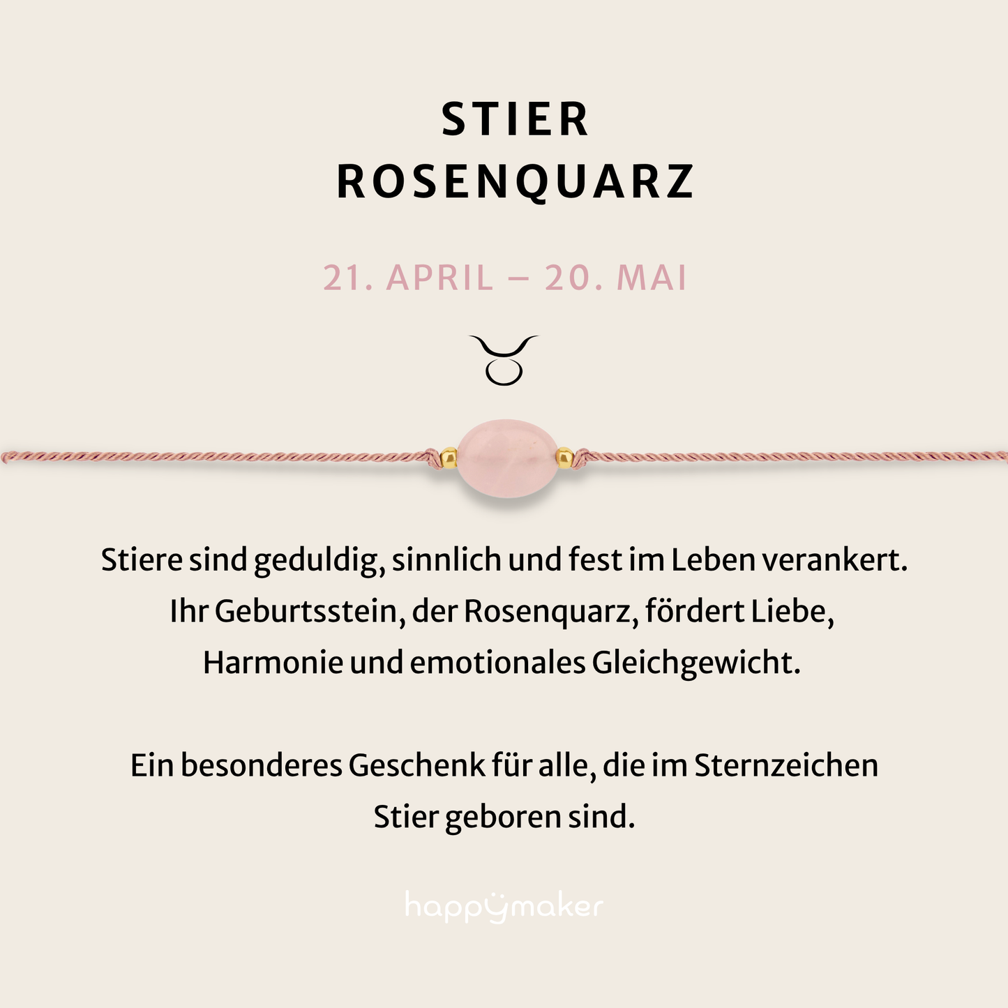 Geburtsstein Armband Mai für Stier mit echtem Rosenquarz