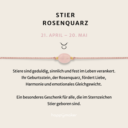 Geburtsstein Armband Mai für Stier mit echtem Rosenquarz