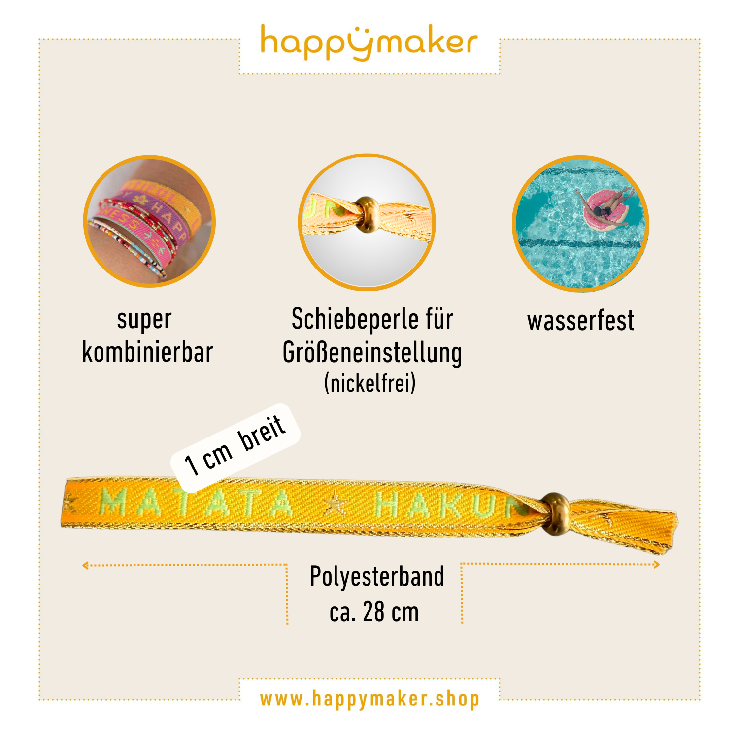 Statement Armband Hakuna Matata Gelb verstellbar wasserfest Polyesterband 28 cm