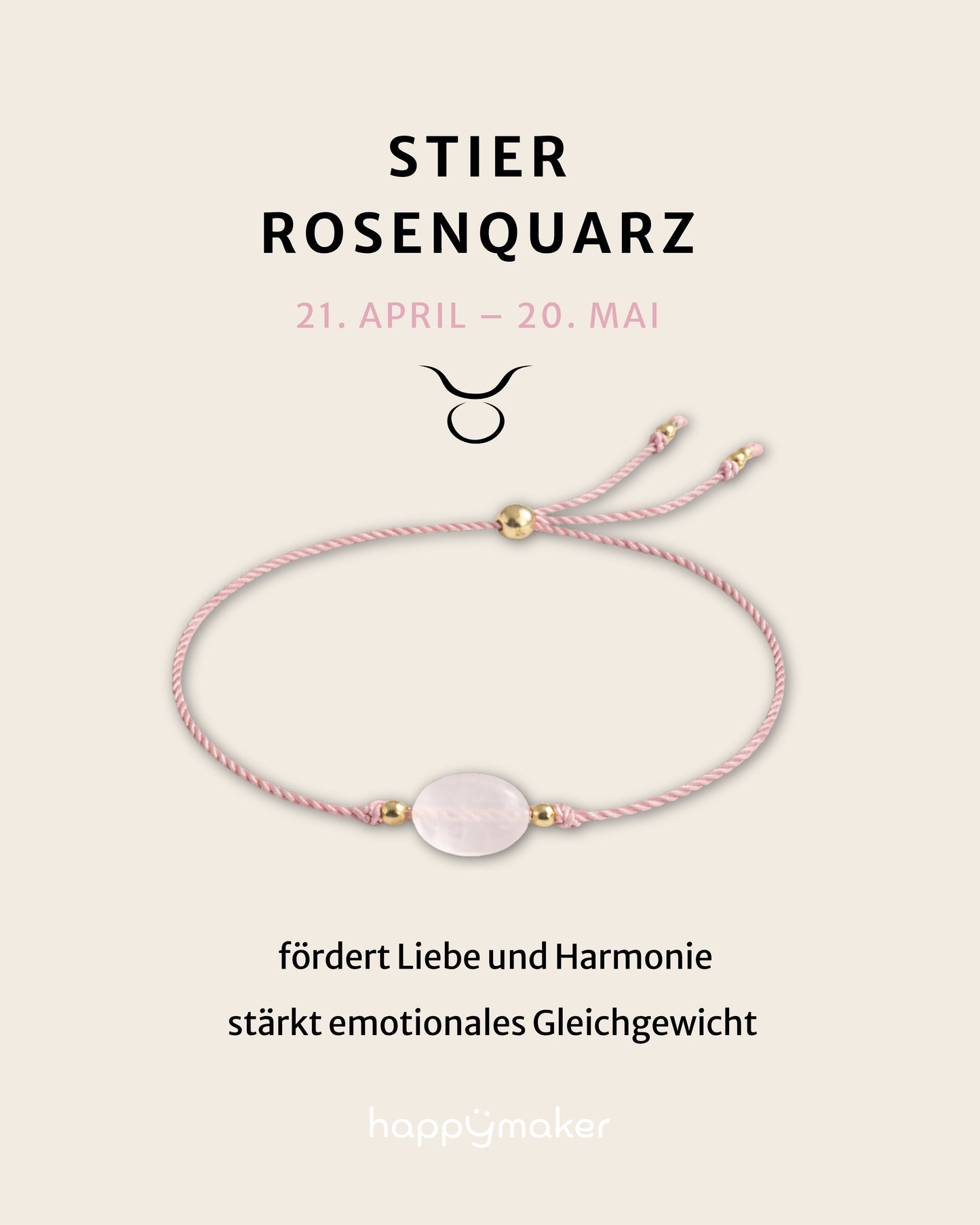Geburtsstein Armband Mai für Stier mit echtem Rosenquarz
