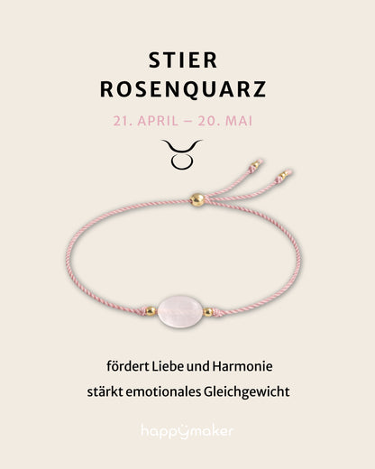 Geburtsstein Armband Mai für Stier mit echtem Rosenquarz