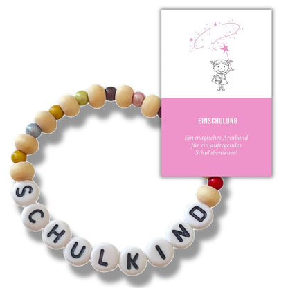 Schulkind Armband mit Miracle Perlen, Holzperlen und Buchstaben