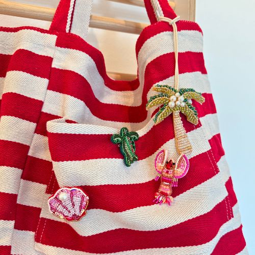Badetasche XXL - rot weiss gestreift mit Pompom