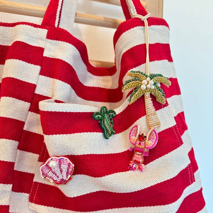 Badetasche XXL - rot weiss gestreift mit Pompom