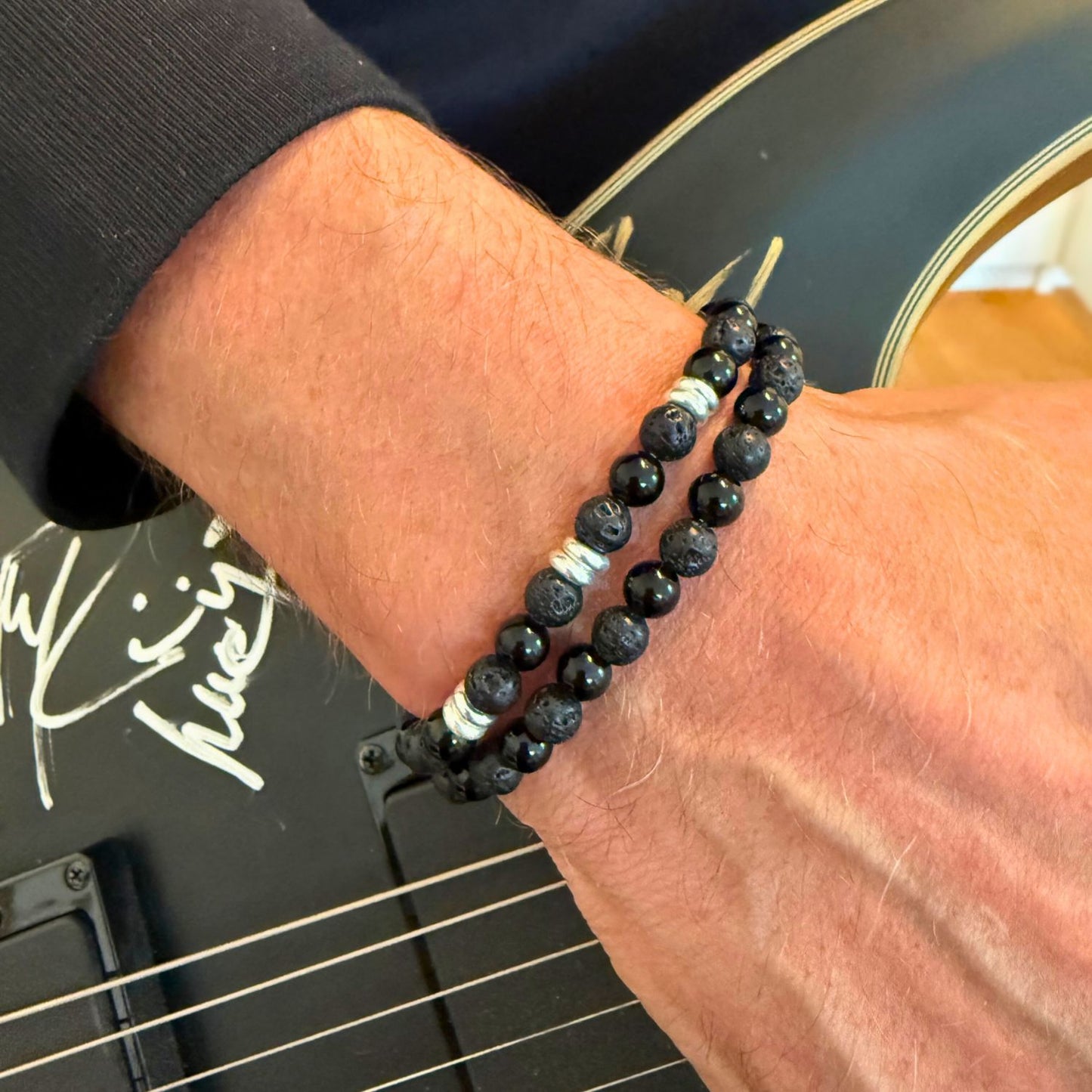 Männerarmband Schwarz – Turmalin, Lavastein & Sterling Silber