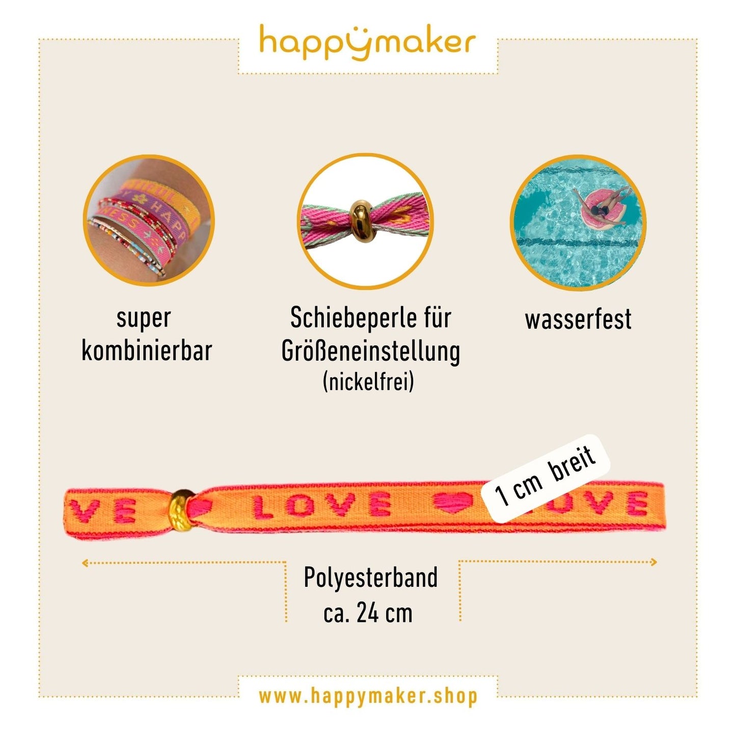 happymaker Stoffarmband neon orange mit Statement - Love