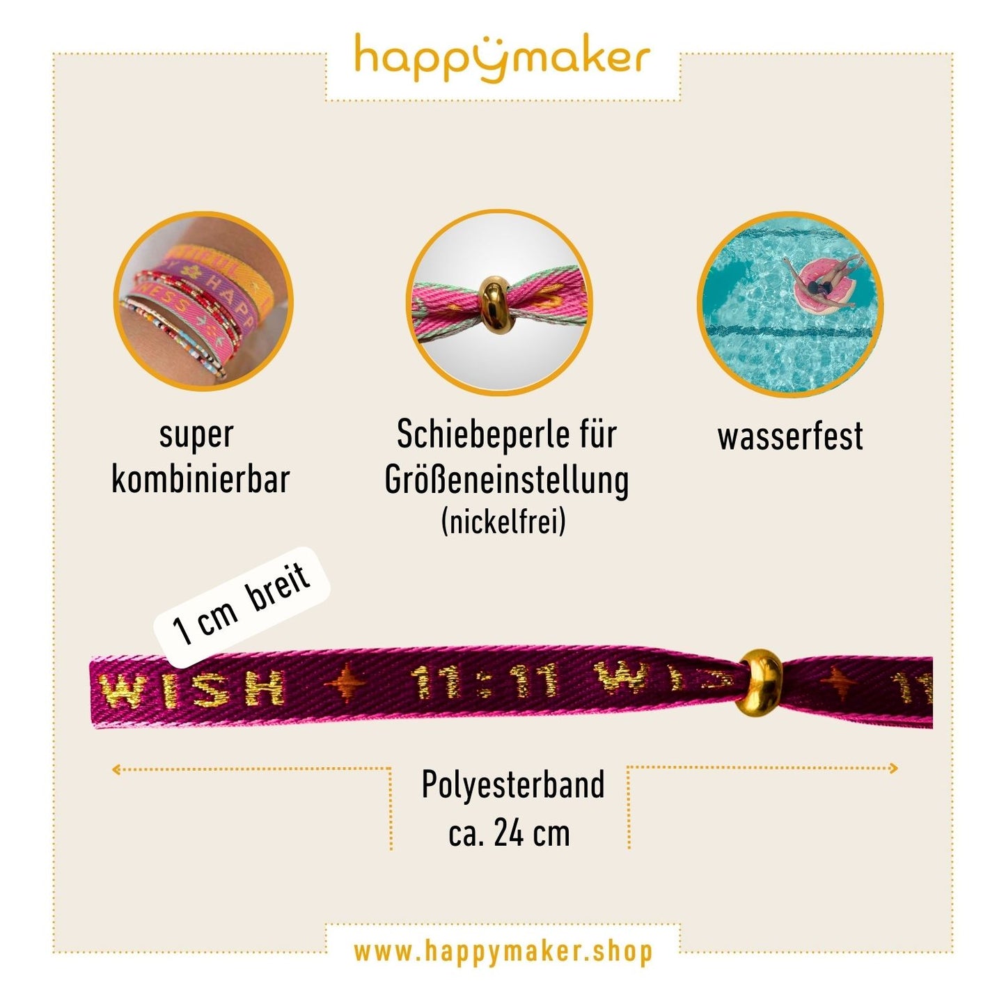 happymaker Stoffarmband mit Statement - Wish 11 : 11