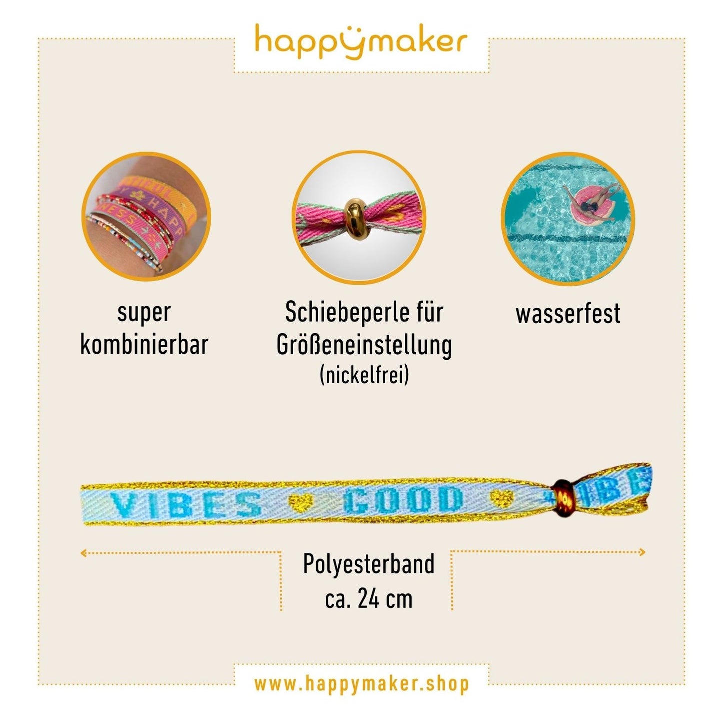 happymaker Stoffarmband mit Statement - Good Vibes hellblau