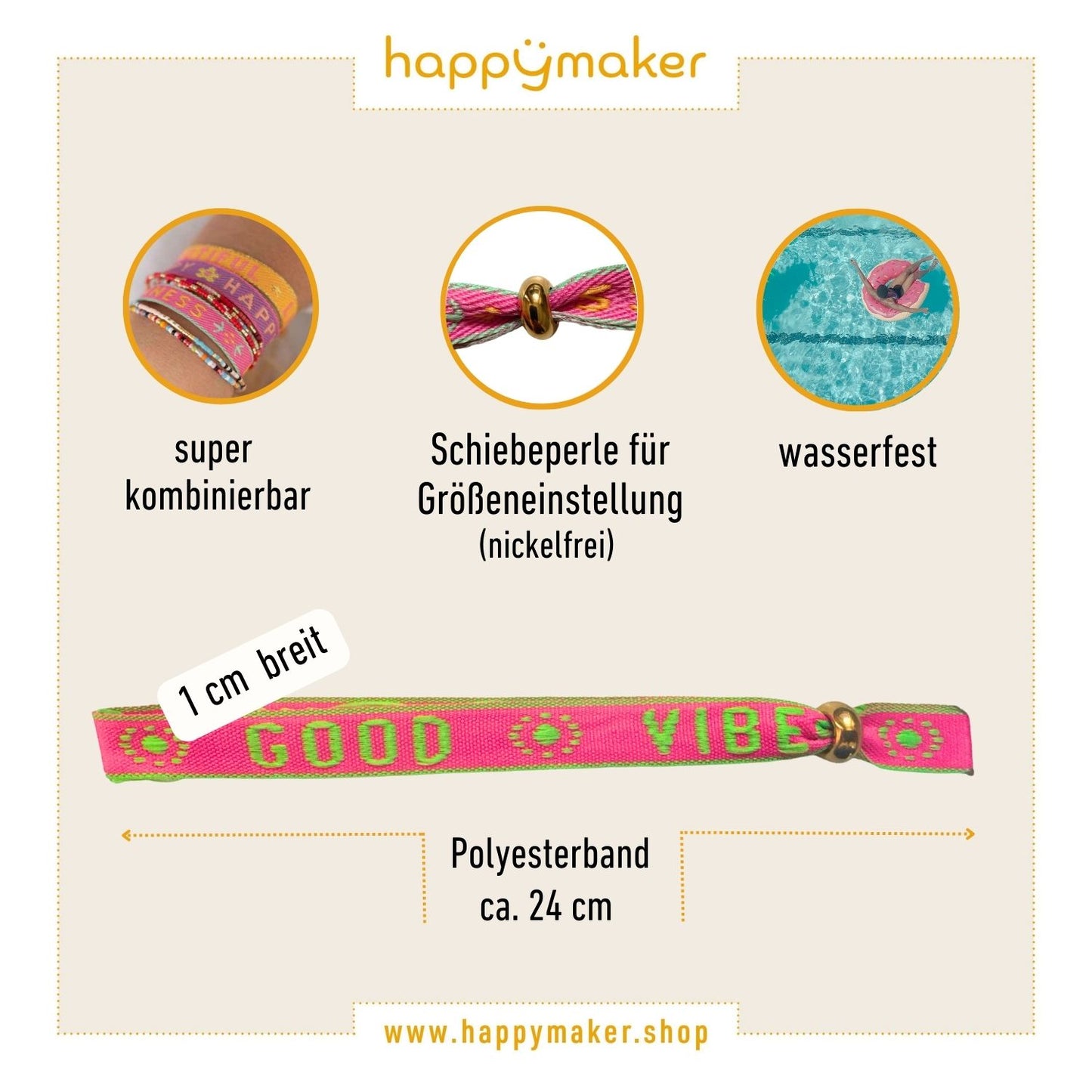 happymaker Stoffarmband mit Statement - Good Vibes neon