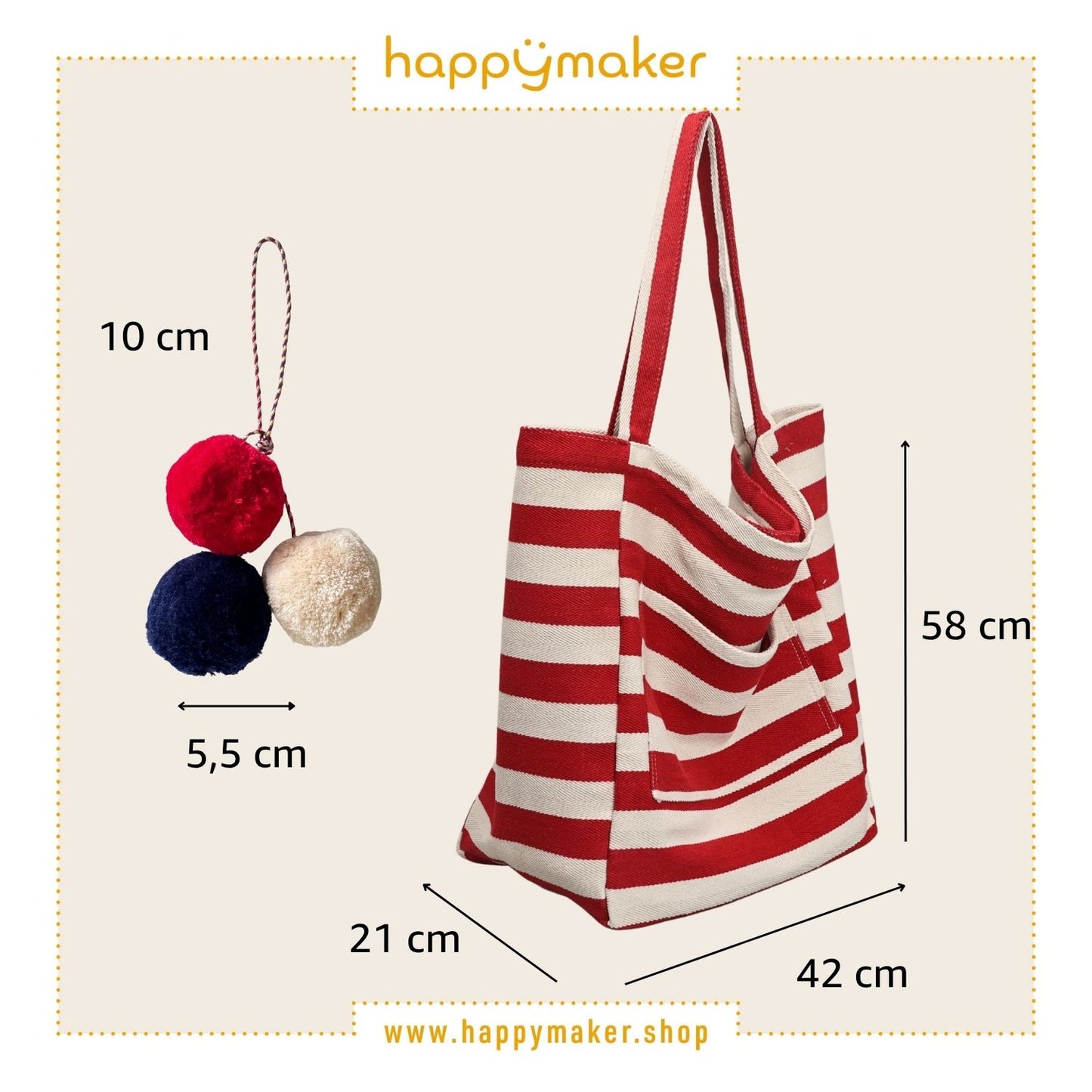 Badetasche XXL - rot weiss gestreift mit Pompom