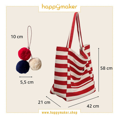 Badetasche XXL - rot weiss gestreift mit Pompom