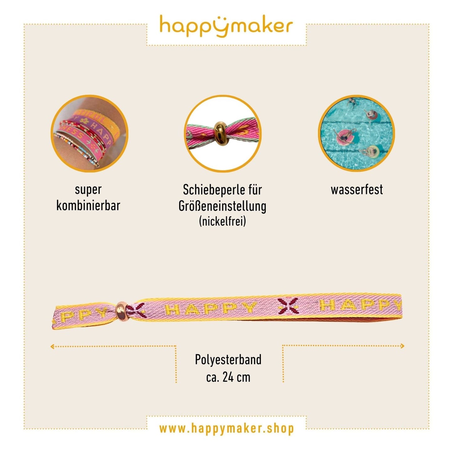 happymaker Stoffarmband mit Statement - Happy gelb