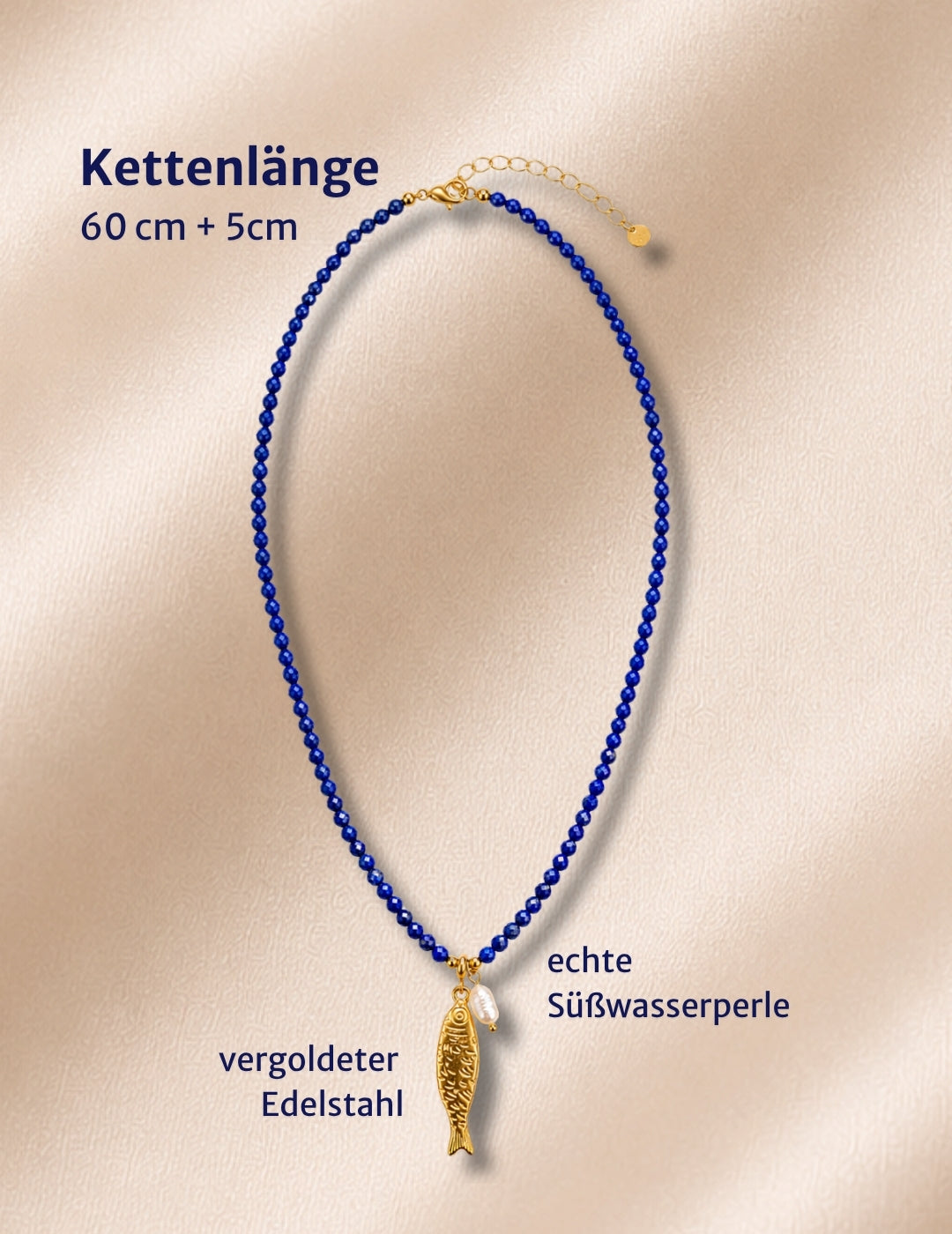 Lapislazuli Kette mit Anhänger - Fisch & Süsswasserperle