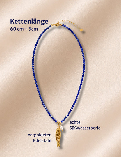 Lapislazuli Kette mit Anhänger - Fisch & Süsswasserperle