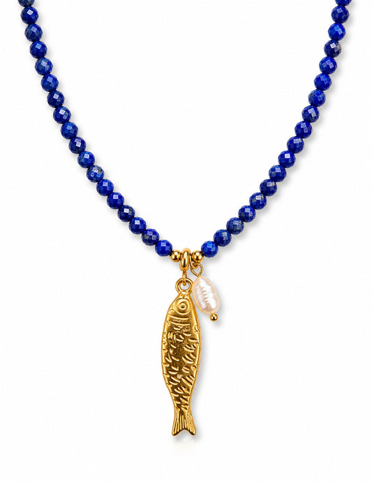 Lapislazuli Kette mit Anhänger - Fisch & Süsswasserperle