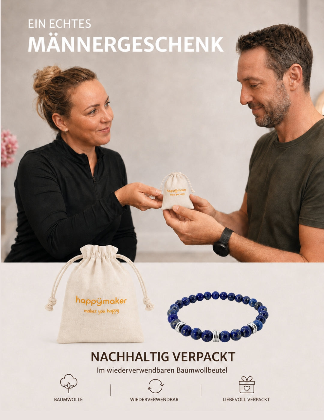 Männerarmband Lapislazuli 8 mm mit Edelstahl