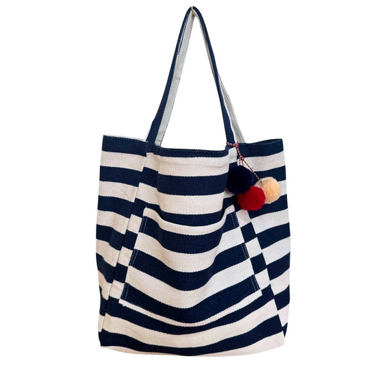 Badetasche XXL - blau-weiss gestreift mit Pompom