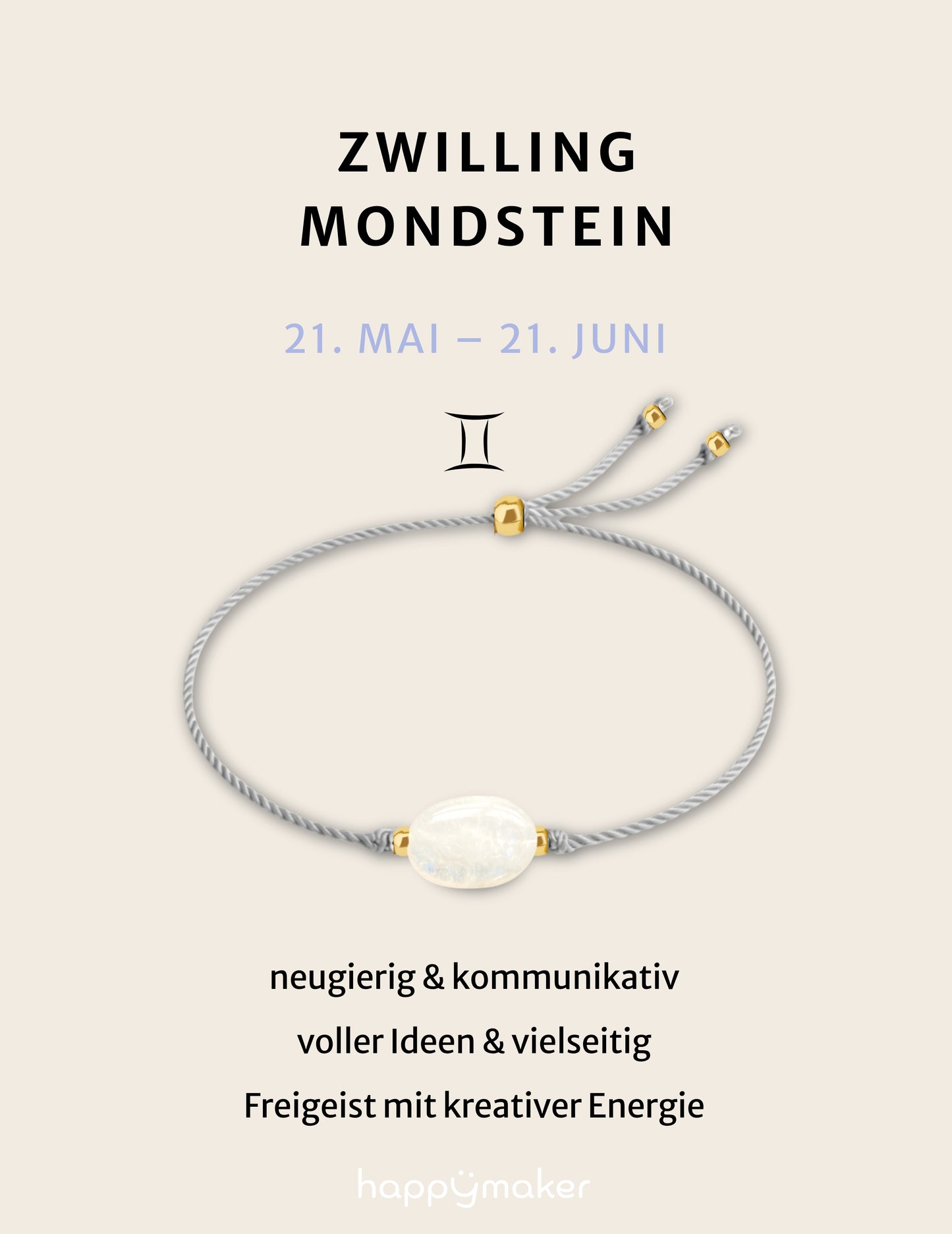 Geburtsstein Armband Juni Zwilling mit echtem Mondstein