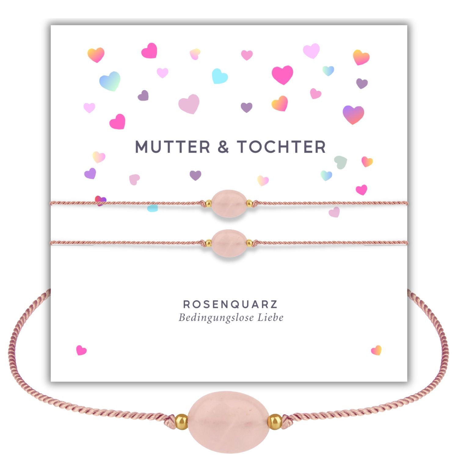 rosenquarz armband set für mutter und tochter mit geschenkkarte