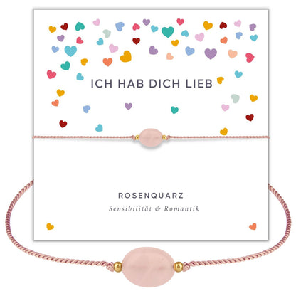 rosenquarz armband mit geschenkkarte auf der ich hab dich lieb steht