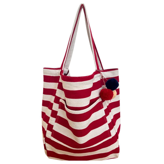 Badetasche XXL - rot weiss gestreift mit Pompom