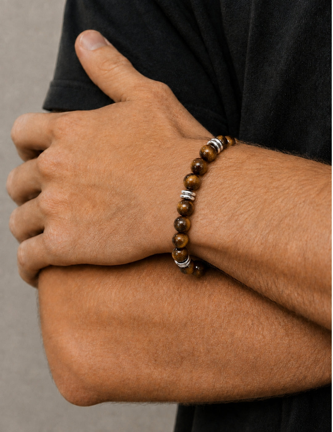 Männerarmband Tigerauge 8 mm mit Edelstahl
