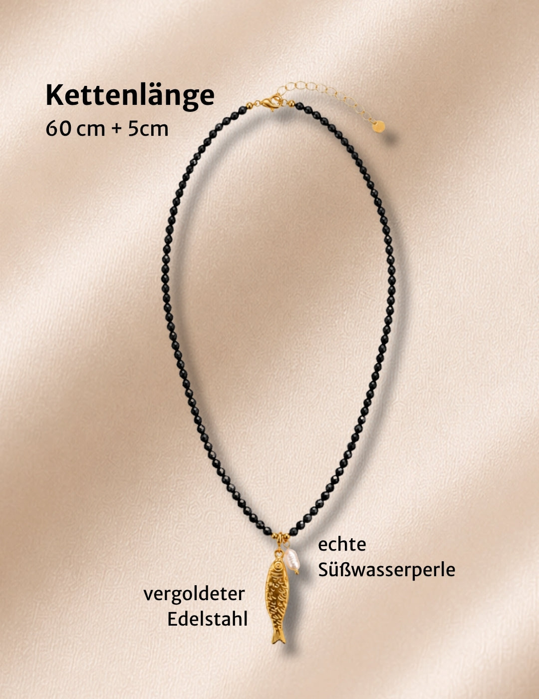 Tumalin Kette mit Anhänger - goldener Fisch & Süsswasserperle