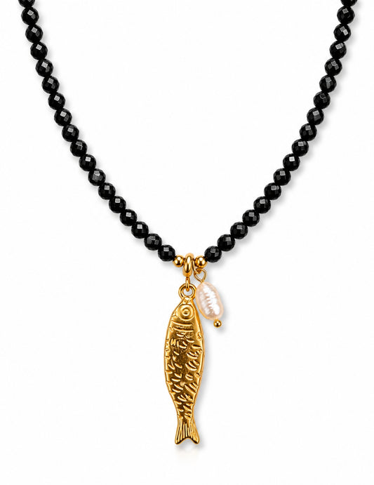 Tumalin Kette mit Anhänger - goldener Fisch & Süsswasserperle